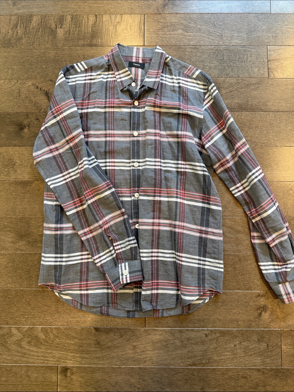 Men's Gray Plaid Button-Up Shirt with Red Accents